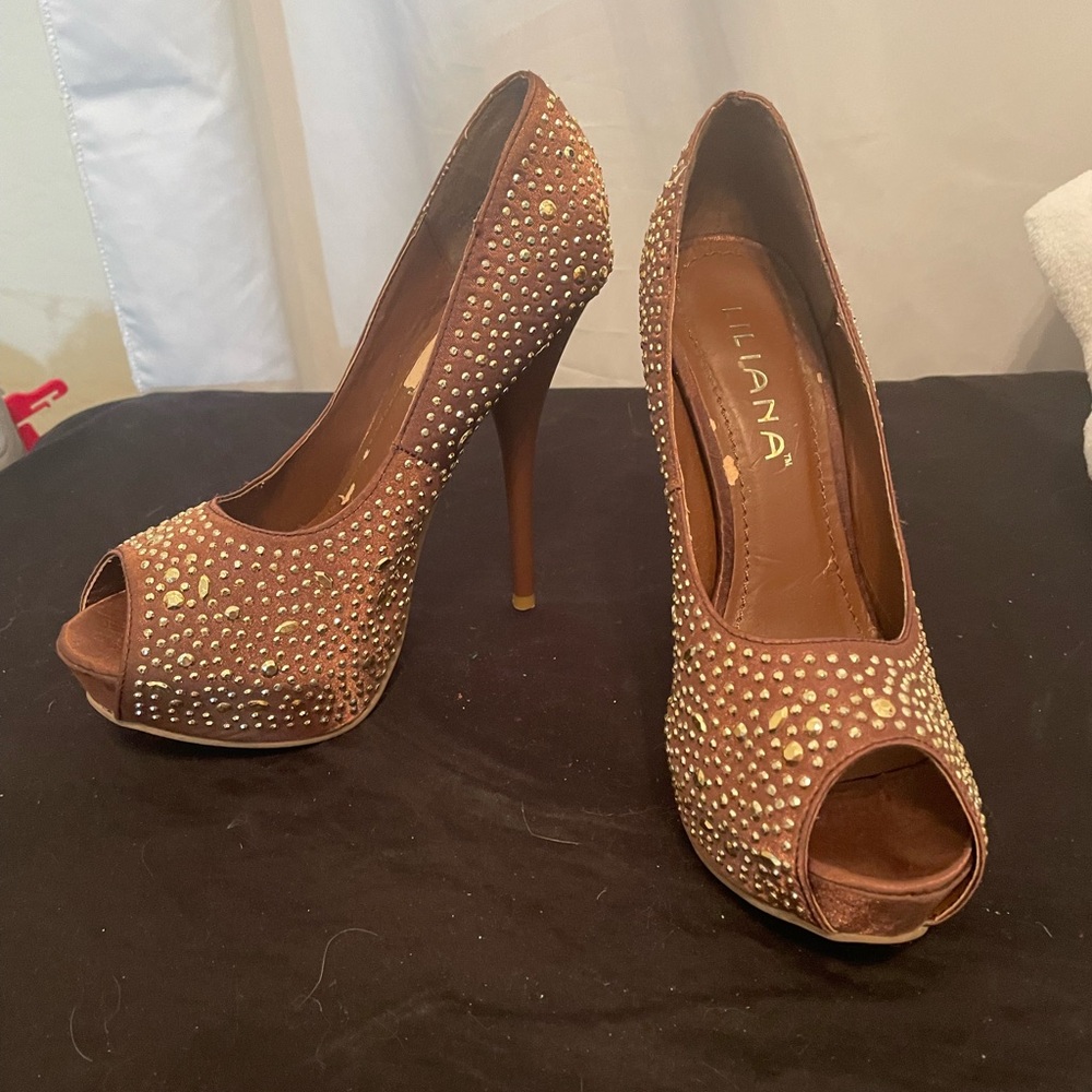 Brown Liliana Open Toe Spike Heels with Bling Sz 7.5